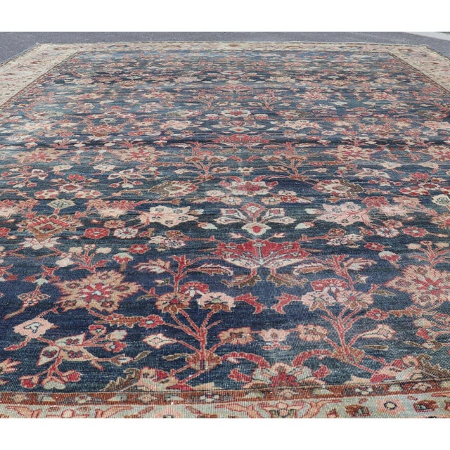 Antique Persian Tabriz Rug With Allover Botanical Design in Blue 9'0 X 11'5 For Sale - Image 4 of 16