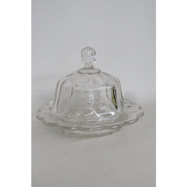 Glass Mid 20th Century Clear Pressed Glass Covered Butter Cheese Serving Dish Petal Scalloped Rim For Sale - Image 7 of 16