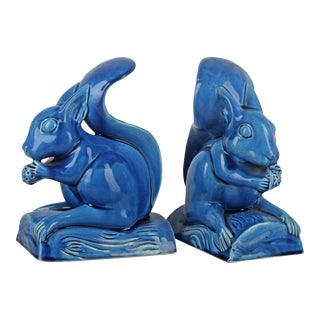 Set of 2 Mid-20th Century Chinese Glazed Blue Ceramic Squirrel Sculptures/Bookends For Sale