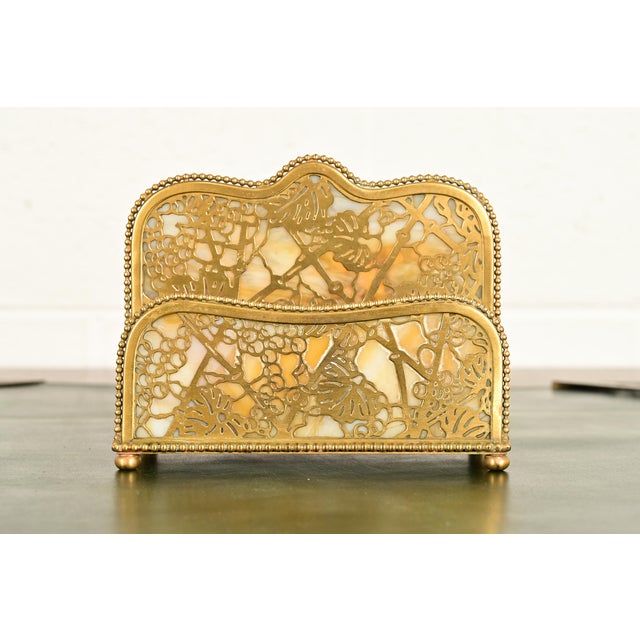 Tiffany Studios New York Grapevine Pattern Bronze Doré and Favrile Slag Glass Letter Rack For Sale - Image 15 of 15