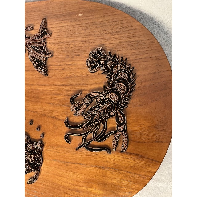 Copper Vintage Indonesian Copper Batik Tjap Stamp Walnut Wood Serving Tray Lobsters and Fishes For Sale - Image 8 of 12
