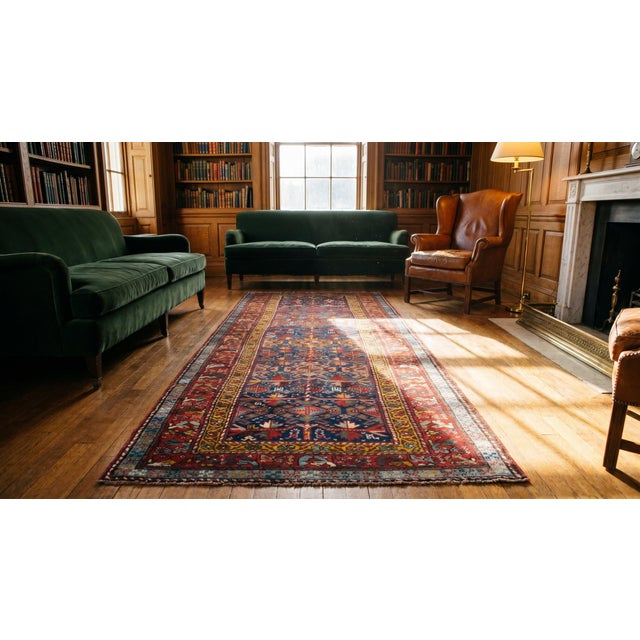 Navy Blue 1890s Blue Navy Geometric Tribal Antique N.w. Persian Rug 3'8" X 9'4" Handwoven Wool Carpet For Sale - Image 8 of 9