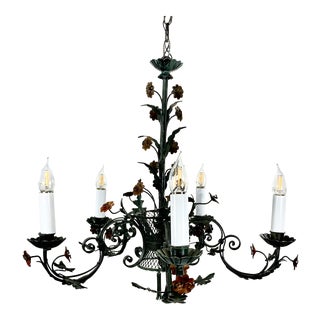 Italian Iron Green and Black Basket Chandelier For Sale