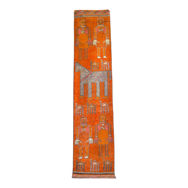 1970s Vintage Hand Knotted Turkish Rug Orange Gray Kitchen Runner 2x11 Rare Mythological Ancient Aliens Motif Rug For Sale