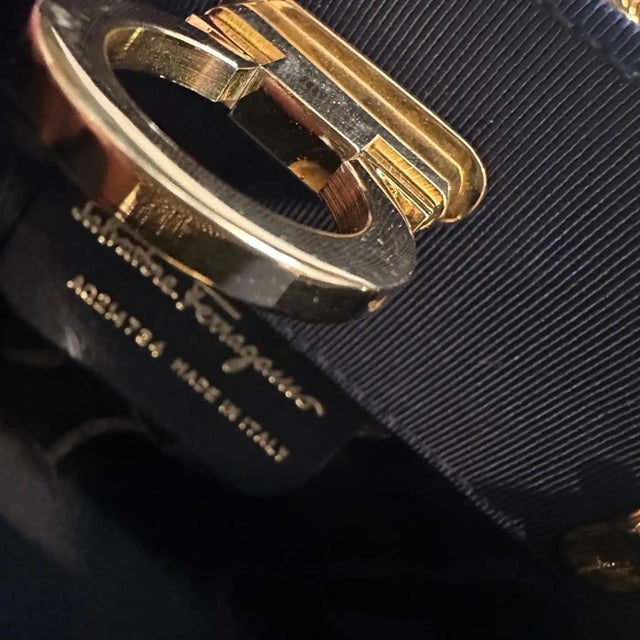 1990s Elegant Blue Fabric and Brass Belt Hand Bag by Salvatore Ferragamo For Sale - Image 9 of 11