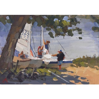 Skipper's Orders by Judd Mercer | Gouache Painting of sailors preparing sailboats by the shore For Sale