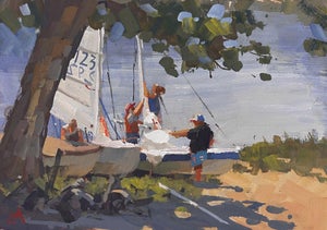 Skipper's Orders by Judd Mercer | Gouache Painting of sailors preparing sailboats by the shore