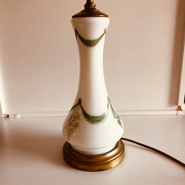 Vintage Hand Painted Over Milk Glass, French Style Decoration With Green and White Table Lamp Dimensions Up to socket...