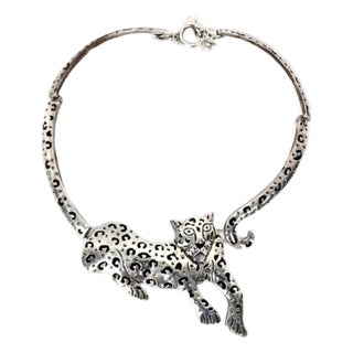 Mexican Jaguar Necklace, Silver and Black, Marked 925 For Sale