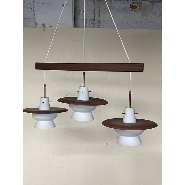 1960s 3-Light Pendant Lamp in Teak and Opal Glass, 1960s For Sale - Image 5 of 14