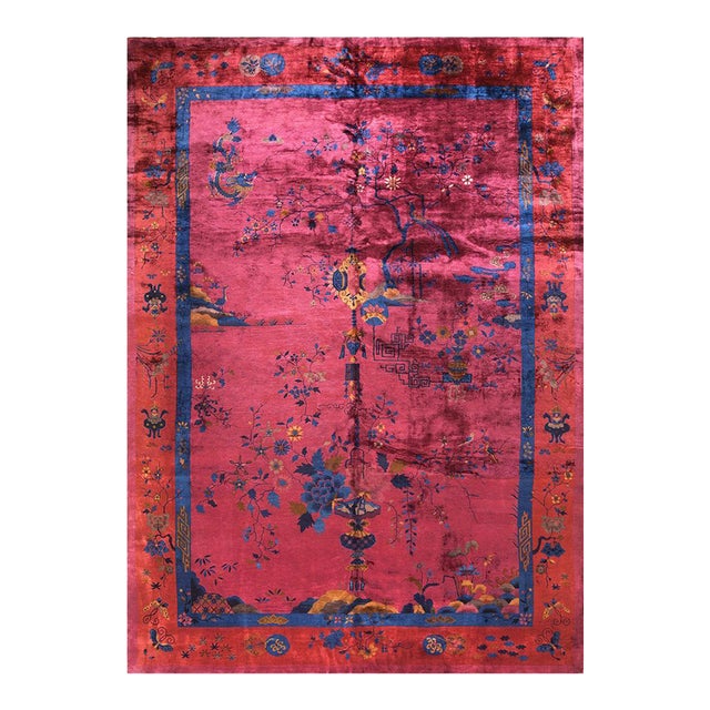 Wonderful Fuschia Color & Asymmetric Floral Design Antique Chinese Art Deco Rug For Sale