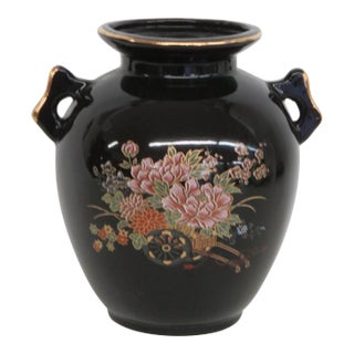 Japanese Porcelain Small Handled Vase Black With Gold Trim Floral Motif 5022b For Sale