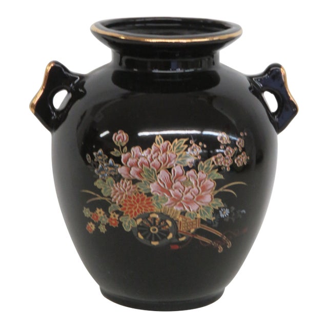 Japanese Porcelain Small Handled Vase Black With Gold Trim Floral Motif 5022b For Sale