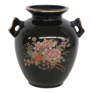 Japanese Porcelain Small Handled Vase Black With Gold Trim Floral Motif 5022b