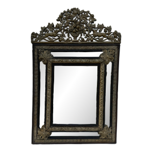 Antique Mirror 19th Century Dutch Ebony and Brass Repousse Cushion