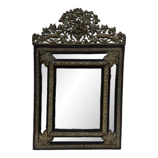 Gorgeous Antique Mirror 19th Century Dutch Ebony and Brass Repousse Cushion For Sale