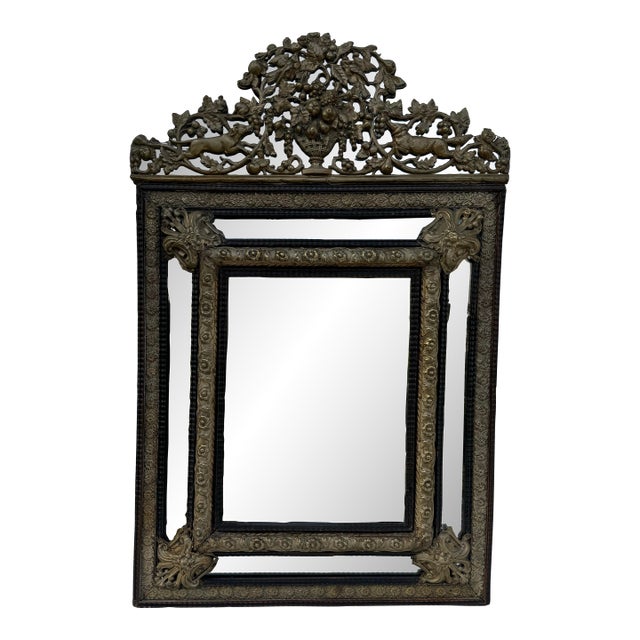 Gorgeous Antique Mirror 19th Century Dutch Ebony and Brass Repousse Cushion For Sale