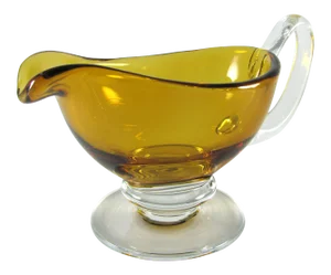 Large Williams Sonoma Amber Citrine and Clear Glass Footed Gravy Sauce Boat