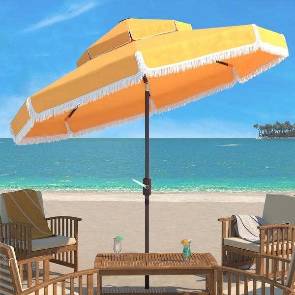 Safavieh Outdoor Milan Fringe 9ft Double Top Crank Umbrella - Yellow For Sale - Image 4 of 5