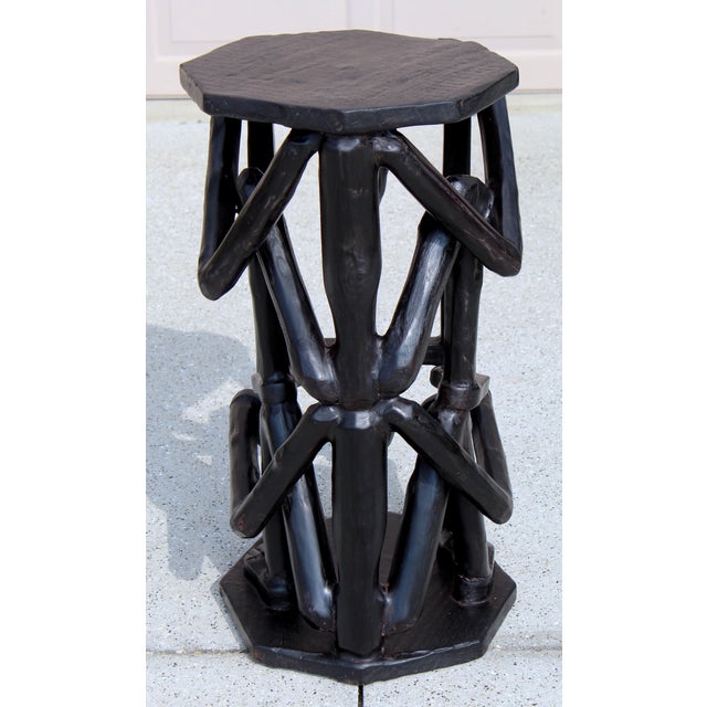 Vintage African Figural Side Table – Hand-Carved Sculptural Pedestal, Tribal Art Accent Table, Dark Hardwood For Sale - Image 11 of 14