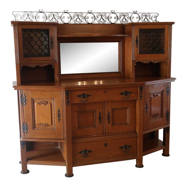 Late 19th Century Solid Oak Wood Buffet Hutch For Sale