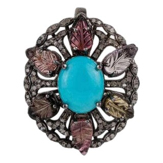 Ornate Turquoise Carved Tourmaline Diamond Statement 925 Silver Pendant For Sale