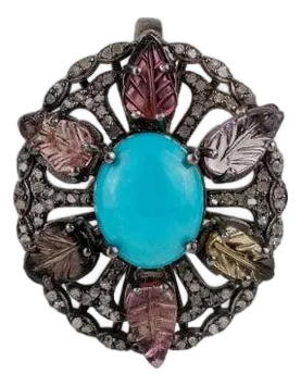 Ornate Turquoise Carved Tourmaline Diamond Statement 925 Silver Pendant
