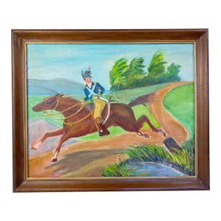 Vintage Naive Folk Art Painting, Equestrian Officer, Signed Anna Werner For Sale