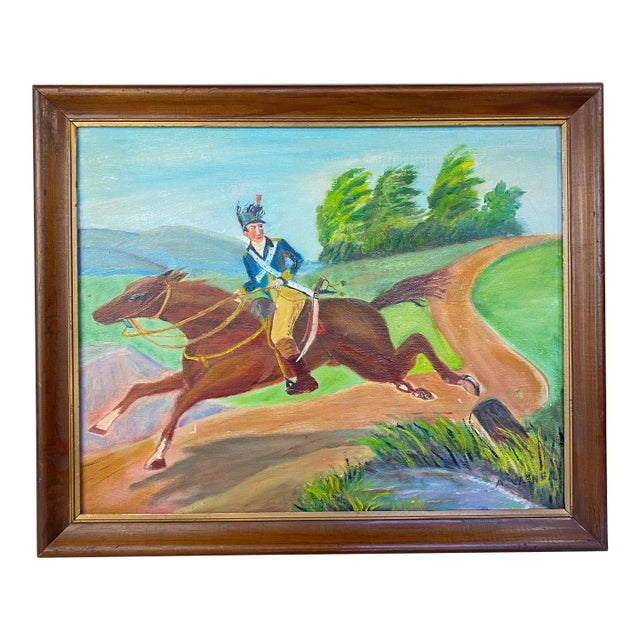 Vintage Naive Folk Art Painting, Equestrian Officer, Signed Anna Werner For Sale