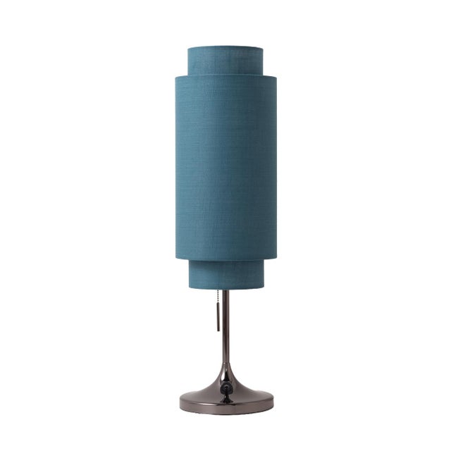 Lollipop Table Lamp - Black Nickel, Sky Blue Linen Double Shade, on/Off Pull Chain For Sale - Image 4 of 15
