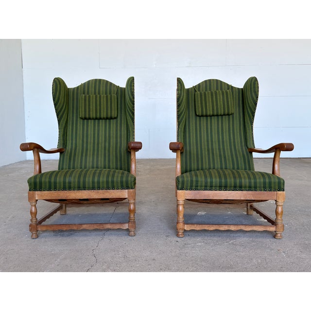 Brown Scandinavian Oak Wingback Lounge Chairs in Striped Wool, 1940s, Set of 2 For Sale - Image 8 of 13