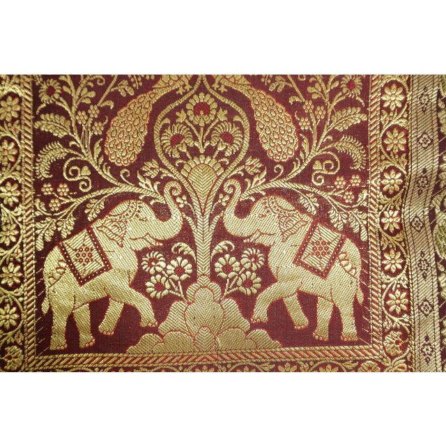 Maroon Silk Throw Pillow With Elephants and Peacocks India For Sale - Image 8 of 12