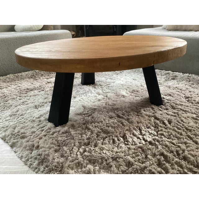 Black Brutalist Round Tripod Coffee Table in Stained Oak, 1970s For Sale - Image 8 of 8