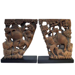 Antique Hand-Carved Wood Temple Corbels From 18th Century, China - a Pair