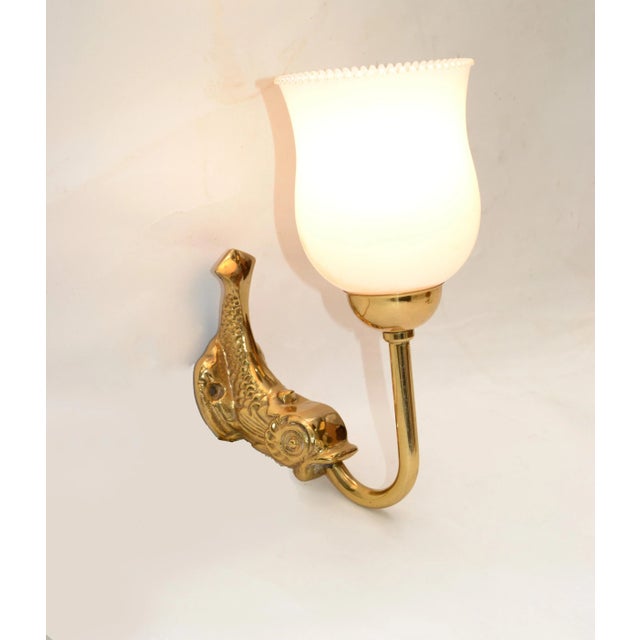 Maison Lancel Brass Dolphin Sconces Ruffled Opaline Glass Shade France 1950-Pair For Sale - Image 9 of 13