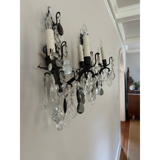 French Pair Late 19th Century Iron and Crystal Rocco Style Sconces For Sale - Image 3 of 7