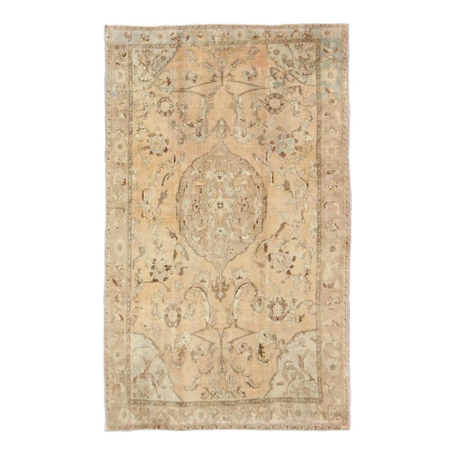 Vintage Turkish Oushak Rug in Faded Apricot, Taupe, and Pale Celadon Tones For Sale