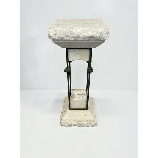 Postmodern Vintage Magnussen Presidential Postmodern Mactan Stone & Metal Architectural Pedestal For Sale - Image 3 of 5