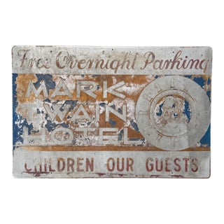 Vintage Mark Twain Hotel Painted Metal Billboard Advertising Sign For Sale