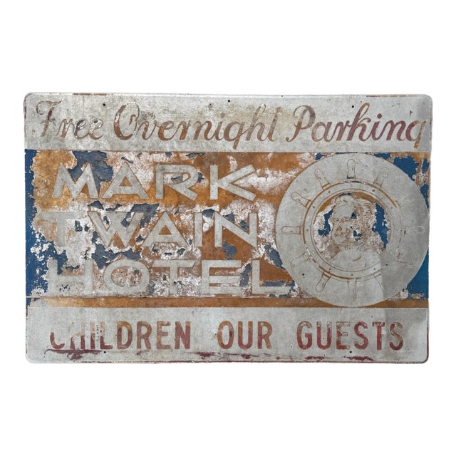 Vintage Mark Twain Hotel Painted Metal Billboard Advertising Sign For Sale