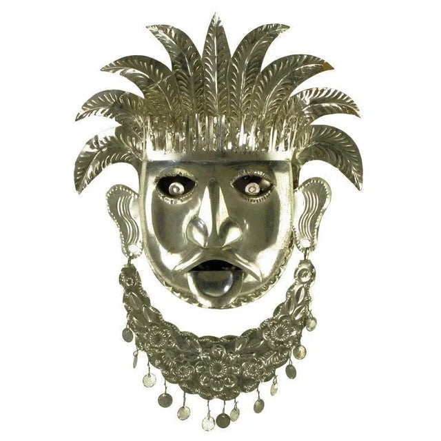 Stamped & Polished Metal Tribal Mask Wall Hanging For Sale - Image 9 of 9