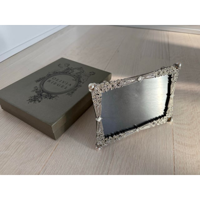 Olivia Riegel Art Deco Pearl and Crystal Rhinestone Silver Picture Frame in Box, 4x6 For Sale - Image 4 of 7
