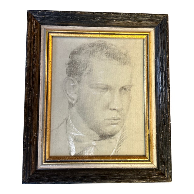 1940’s Original Art Deco Male Portrait Charcoal Drawing For Sale