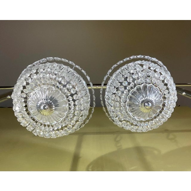 Metal Pair of 1940's Hollywood Style Crystal Drop-Down Flush Mount Chandelier For Sale - Image 7 of 12