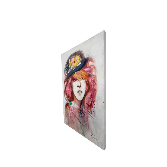 Postmodern Vintage Postmodern Style 1980s Canvas Oil Painting Wall Art Signed Women Portrait For Sale - Image 3 of 8