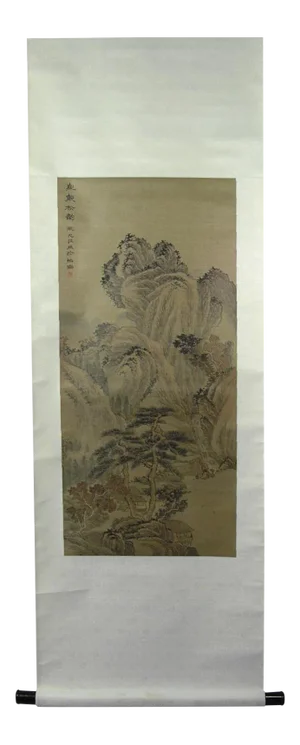 1920s Antique Chinese Mountain Landscape Watercolor Scroll Painting by Shen Yunzhuang