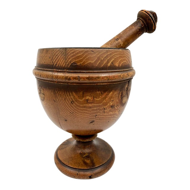 Early 19thC Tiger Oak and Copper Lined Jumbo Footed Primitive Industrial Apothecary Mortar and Pestle or Planter For Sale