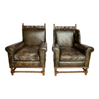 Vintage English Jacobean Style Carved Oak and Distressed Leather Club Lounge Chairs - a Pair For Sale