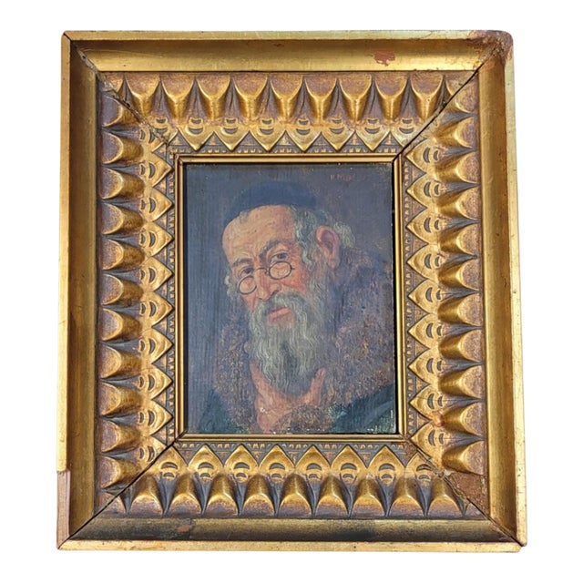 H Moser 19th C. Oil on Wood Panel Portrait of a Rabbi Mounted in a Gilt Frame For Sale