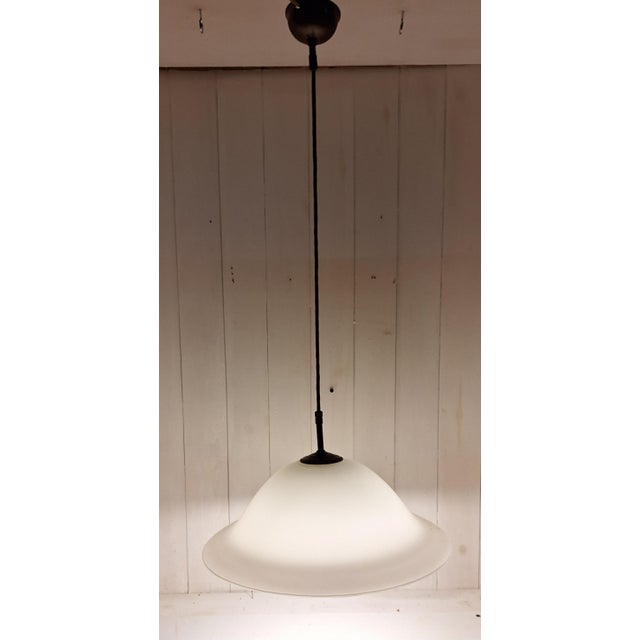 Metal Vintage Ceiling Lamp with White Curved Glass Shade on Brass Mount, 1970s For Sale - Image 7 of 7